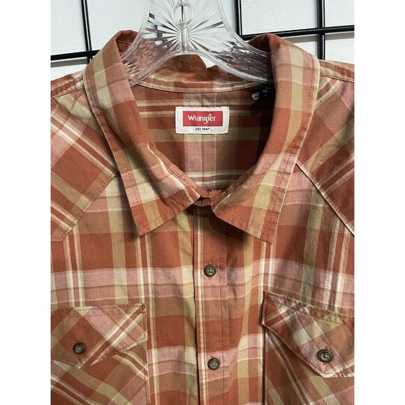 Wrangler Button Up Shirt Men's Size 2X Orange Plaid Shirt Cotton Polyester Blend - Picture 8 of 9